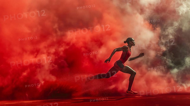 A dynamic athlete sprinting through thick red smoke with determination, AI generated