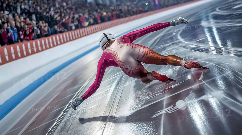 A speed skater in a red suit glides powerfully on an ice rink with a cheering crowd, AI generated