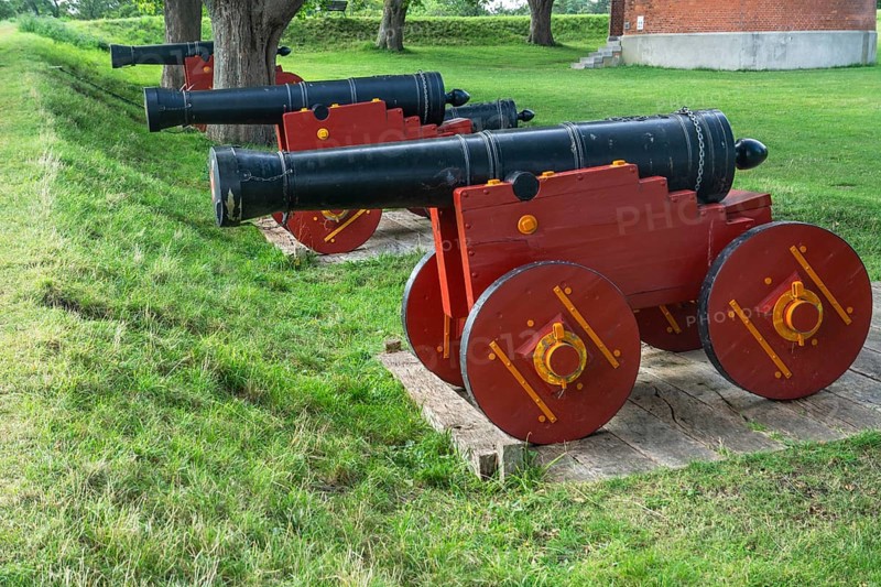 Old cannons at Nyborg medieval castle, in Nyborg, Funen, Fyn, Fyn Island, Denmark, Scandinavia, Europe