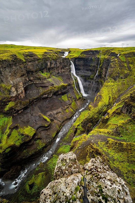 River and waterfalls at a canyon with green moss, Haifoss and Granni waterfall at a canyon, Fossá í Thjórsárdal, with river í Thjórsárdal, long exposure, dramatic landscape, Hekla, Iceland, Europe