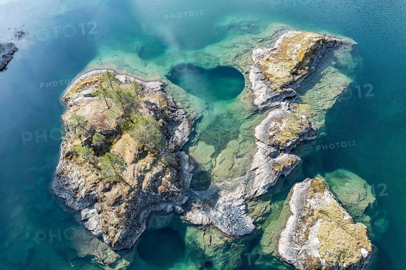 Aerial view of islands in lake Lovatnet (or: Loenvatnet), valley Lodalen south of village Loen, Norway, Europe