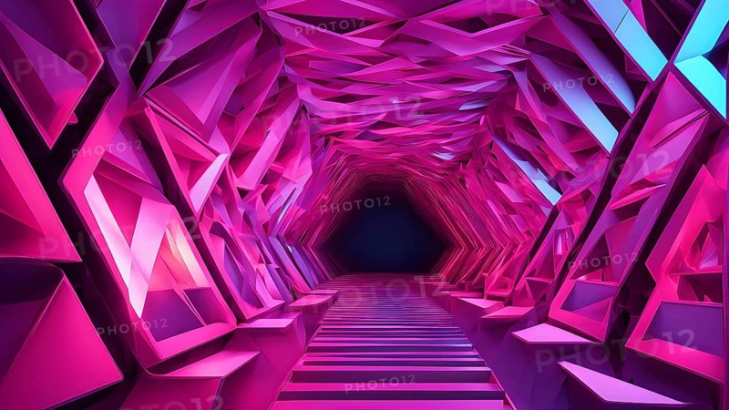 Abstract geometric pattern tunnel structure embodying data streams and communication in magenta hues, AI generated