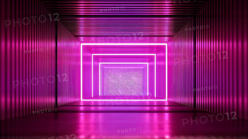 Abstract geometric pattern tunnel structure embodying data streams and communication in magenta hues, AI generated