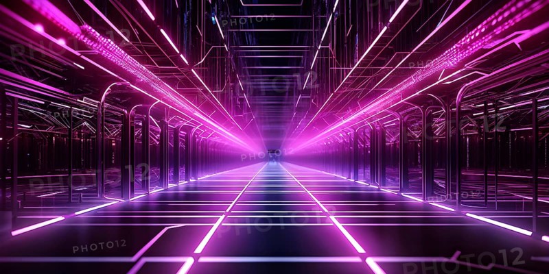 Abstract geometric pattern tunnel structure embodying data streams and communication in magenta hues, AI generated
