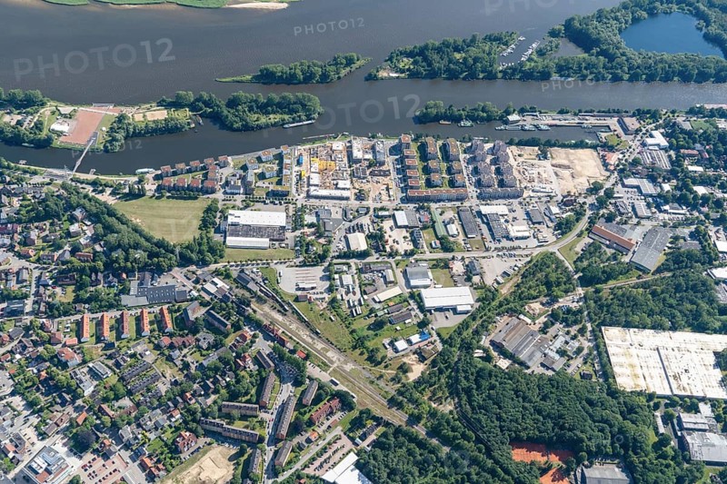 Aerial view Hafencity Geesthacht, Schleswig-Holstein, Elbe, Germany, residential area, former industrial estate, Europe