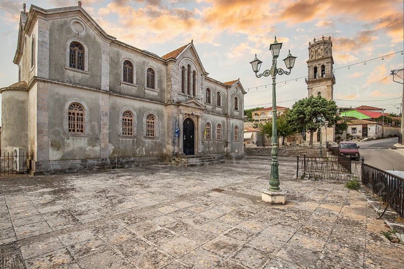 Great typical Greek town and buildings. Mediterranean cityscape in the evening at sunset on Zakynthos, Ionian Islands, Greece, Europe