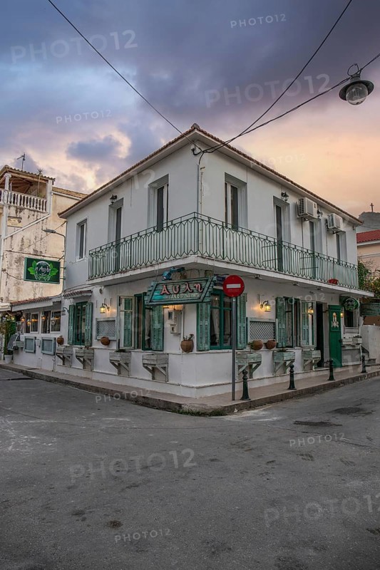 Great typical Greek town and buildings. Mediterranean cityscape in the evening at sunset on Zakynthos, Ionian Islands, Greece, Europe