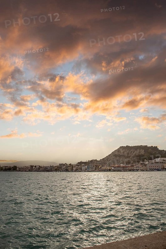 Great typical Greek town and buildings. Mediterranean cityscape in the evening at sunset on Zakynthos, Ionian Islands, Greece, Europe