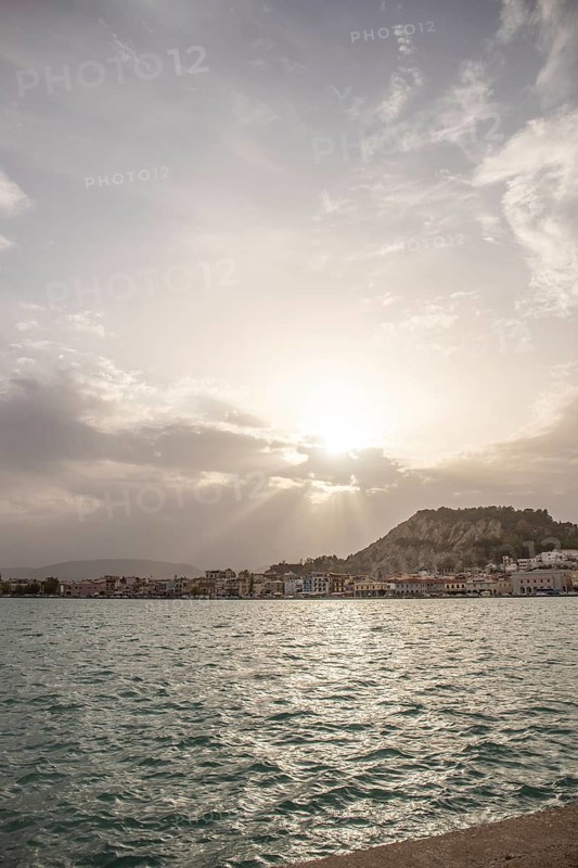 Great typical Greek town and buildings. Mediterranean cityscape in the evening at sunset on Zakynthos, Ionian Islands, Greece, Europe