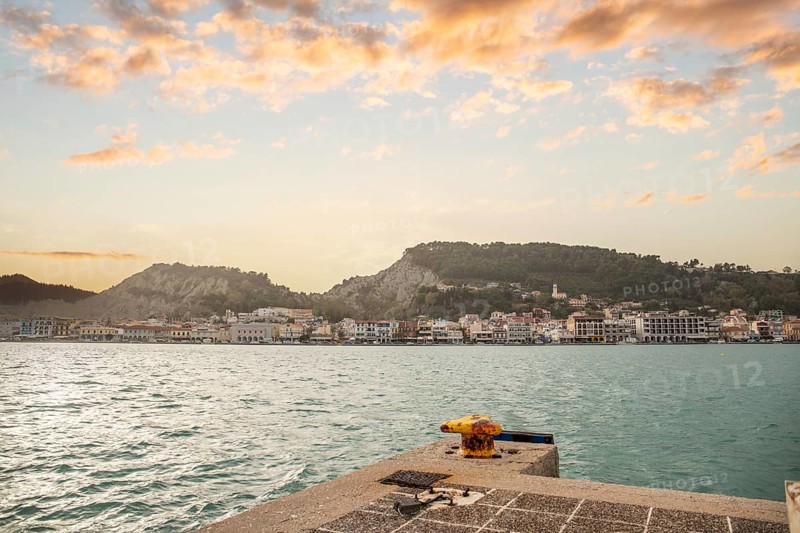 Great typical Greek town and buildings. Mediterranean cityscape in the evening at sunset on Zakynthos, Ionian Islands, Greece, Europe
