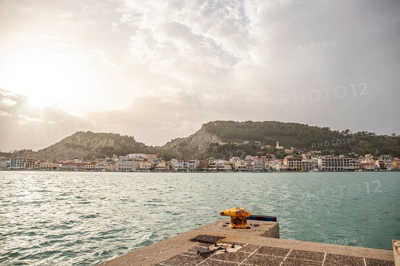 Great typical Greek town and buildings. Mediterranean cityscape in the evening at sunset on Zakynthos, Ionian Islands, Greece, Europe