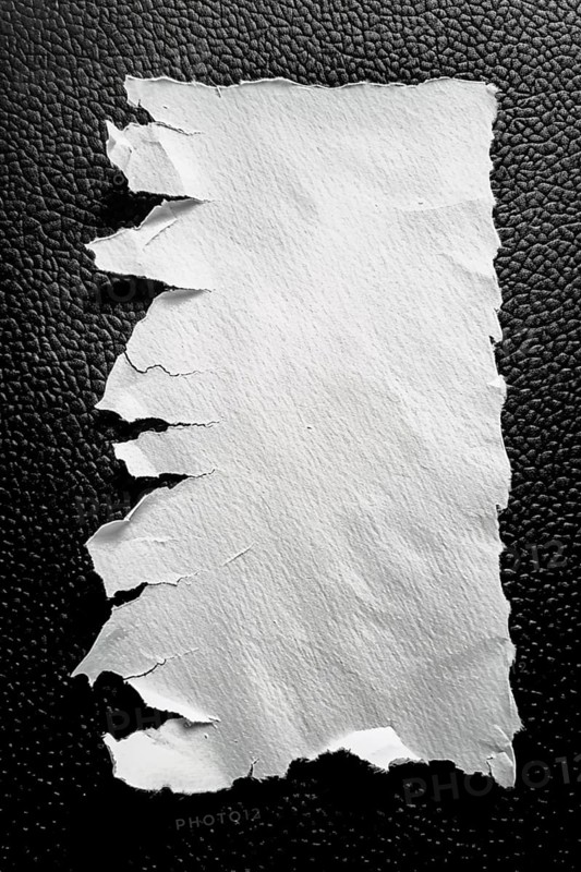 A piece of white torn paper with rough edges against a black textured background, AI generated