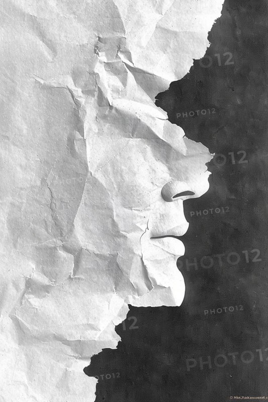 A textured paper piece creating an artistic face profile in black and white tones, AI generated
