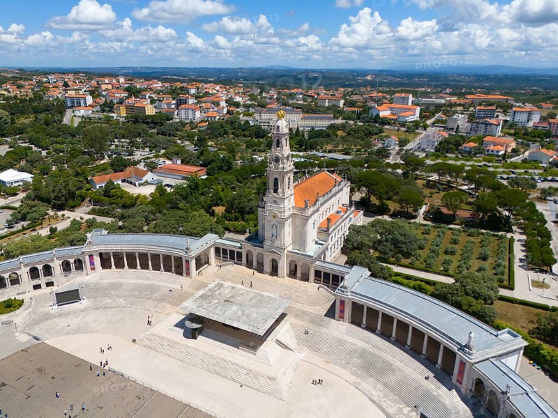 High angle shot of a basilica with a large square surrounded by green trees, sky with clouds, aerial view, Basilica of Our Lady of the Rosary, Santuario de Fatima, place of pilgrimage, Fatima, Fatima, Santarem, Portugal, Europe