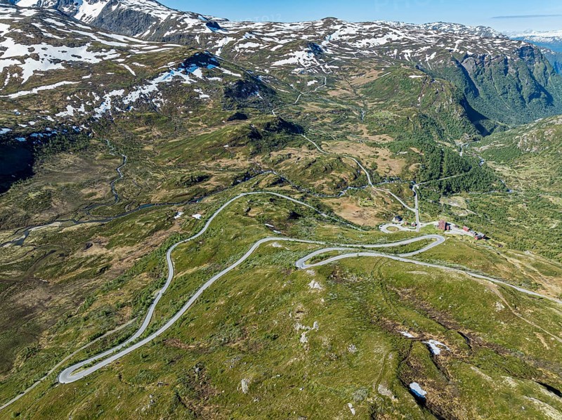 Aerial view of mountain crossing Sognefjellsvegen, serpentines near hotel Turtagro, Norway, Europe