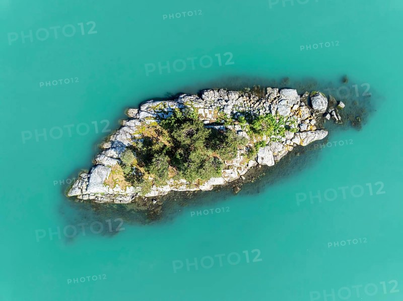 Top-down aerial view of island in the Lustrafjord, inner branch of the Sognefjord, near Dalsoren, Sognefjord, Norway, Europe
