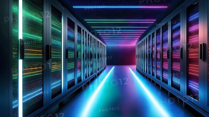 3d render of a cluster of interconnected geometric cubes forming a complex network in a server room, AI generated