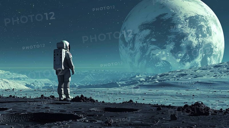 Astronaut standing on the moon's surface, looking at a large earth filling the sky and surrounded by craters, AI generated
