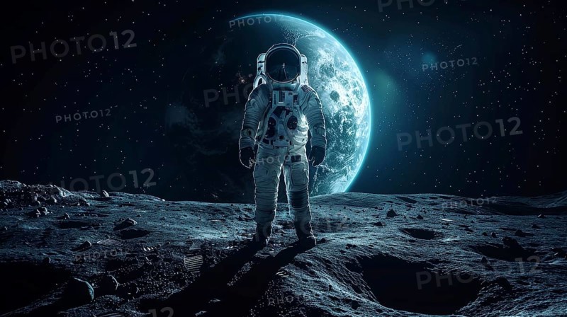 Astronaut on the moon gazing at earth, bathed in the light of the starry night sky and surrounded by craters, AI generated