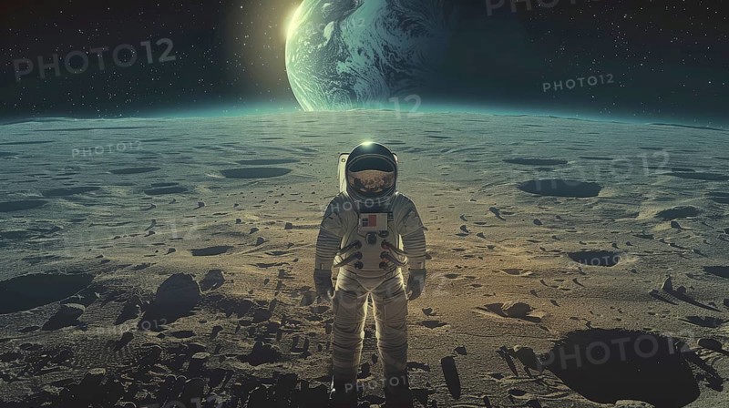 Astronaut standing on the moon with earth in the background, surrounded by craters and lit by a star-filled sky, AI generated