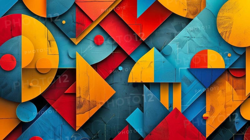 Contemporary abstract art featuring multicolored geometric shapes such as triangles and rectangles, AI generated