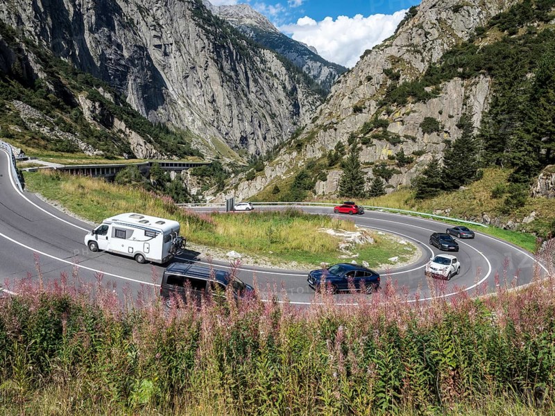 Rush hour on mountain pass Goschenen south of Andermatt, Switzerland, Europe
