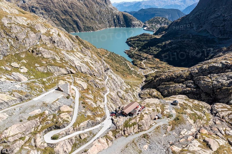 Aerial view of reservoir Lac d' Emosson, mountain hut Cabane Vieux Emosson, Finhaut, Switzerland, Europe