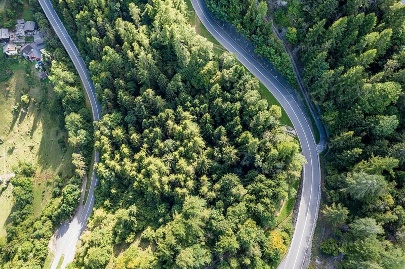 Aerial view of mountain road Martigny, Forclaz, Switzerland, Europe