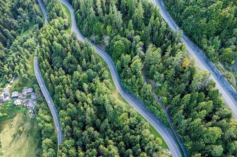 Aerial view of mountain road Martigny, Forclaz, Switzerland, Europe