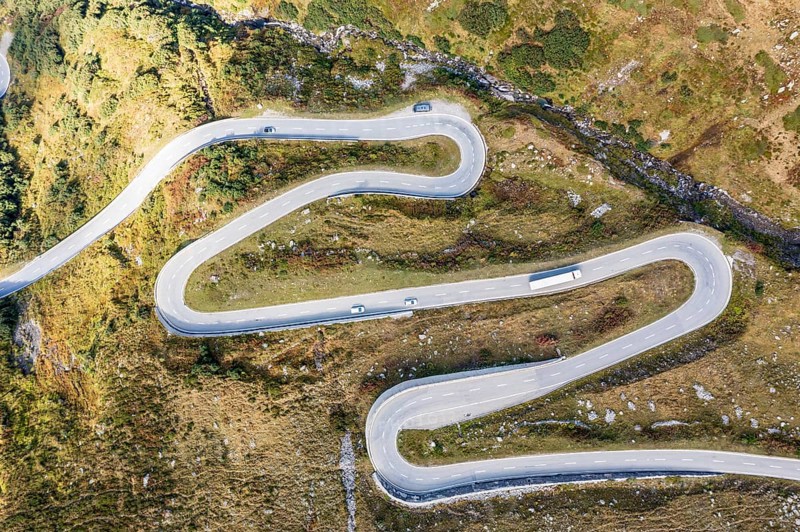 Aerial view of mountain road Nufenenpass, Switzerland, Europe