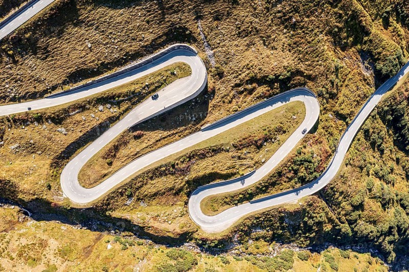Aerial view of mountain road Nufenenpass, Switzerland, Europe