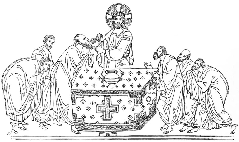 Depiction of the Last Supper on the Imperial Dalmatica in Rome, Italy, church construction at the time of the Crusades, historical illustration 1880, Europe