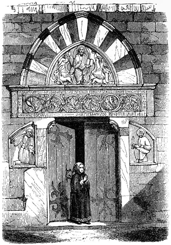 Portal of the church in Villeneuve-lès-Maguelone, France, entrance, woman, relief, wall, church construction at the time of the Crusades, historical illustration 1880, Europe