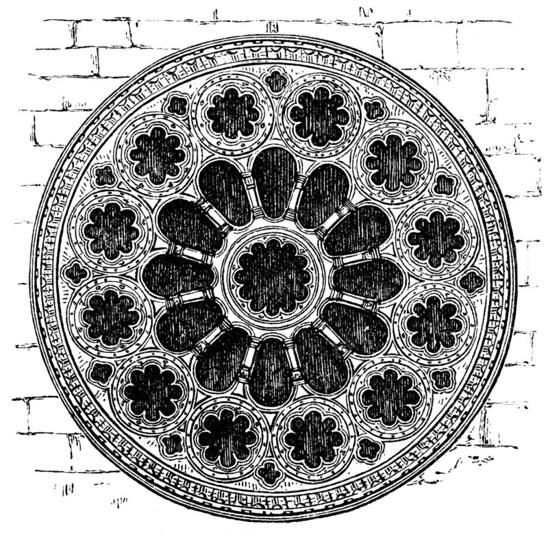 St Catherine's wheel or rose window, church window, round, central point, sectors, church construction at the time of the Crusades, historical illustration 1880