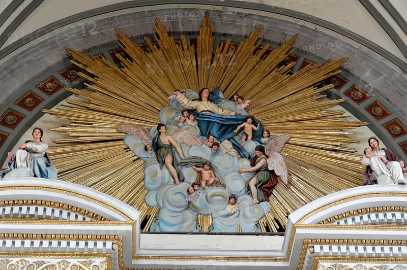 Cathedral, Zocalo, Mexico City, Distrito Federal, Mexico, Central America, Detail of the church ceiling with angel figures, clouds and golden rays depicting a heavenly scene, Mexico City, Central America
