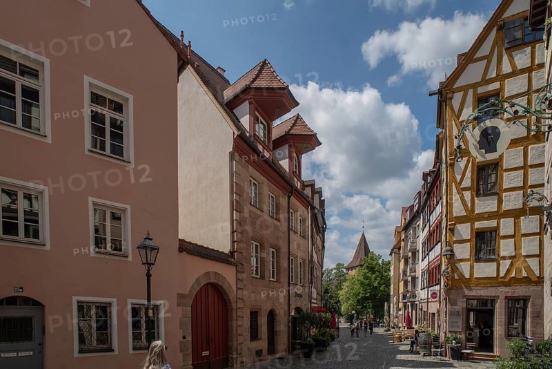 Historic residential buildings with roof lift bay windows, Weissgerbergasse, Nuremberg, Middle Franconia, Bavaria, Germany, Europe