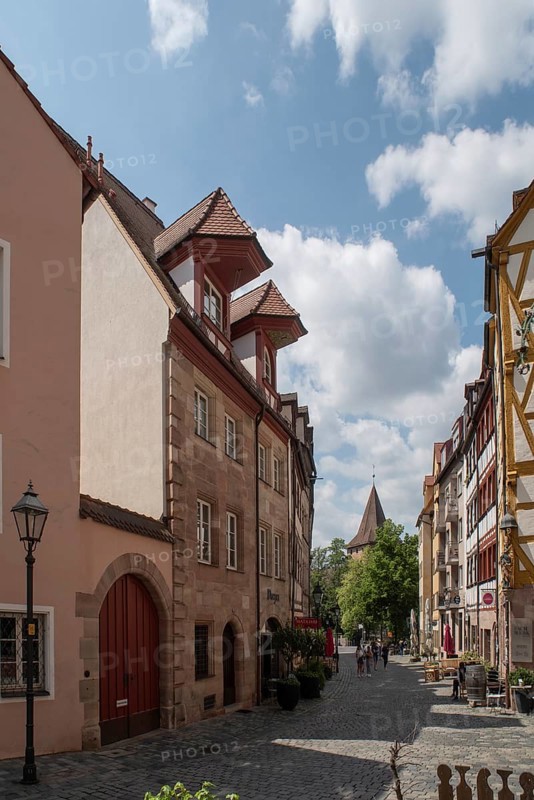 Historic residential buildings with roof lift bay windows, Weissgerbergasse, Nuremberg, Middle Franconia, Bavaria, Germany, Europe