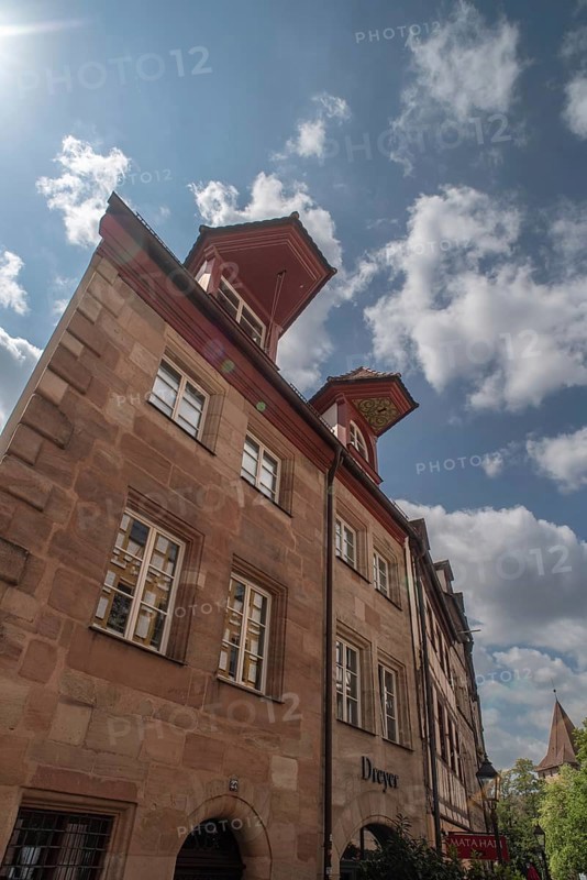 Historic residential buildings with roof lift bay windows, Weissgerbergasse, Nuremberg, Middle Franconia, Bavaria, Germany, Europe