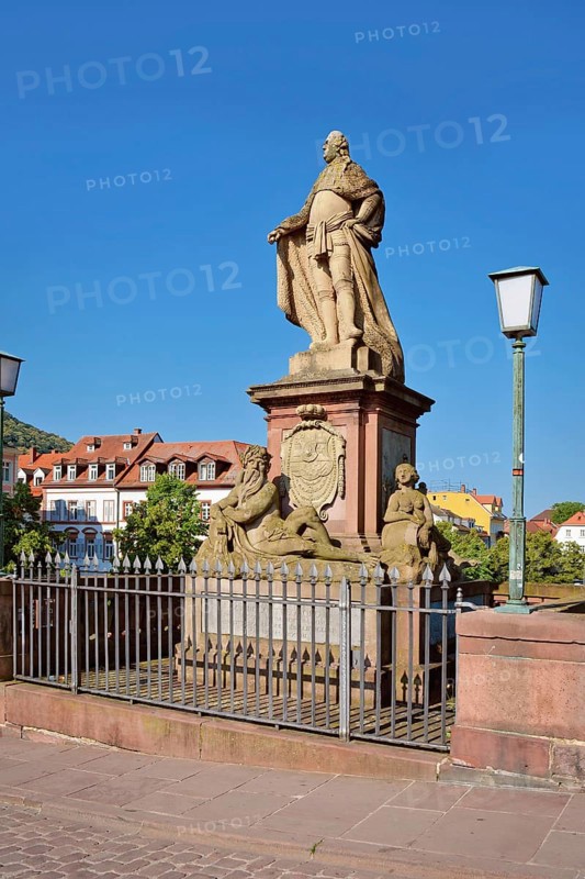 Germany, Heidelberg, June 28th 2024: Sculpture of Prince Elector Carl Theodor at Karl Theodor Bridge, also known as the Old Bridge, called 'Alte Brücke' in German, Europe