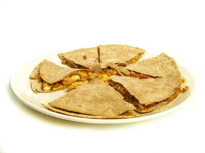 Quesadilla with chicken and maze under oatmeal tortilla