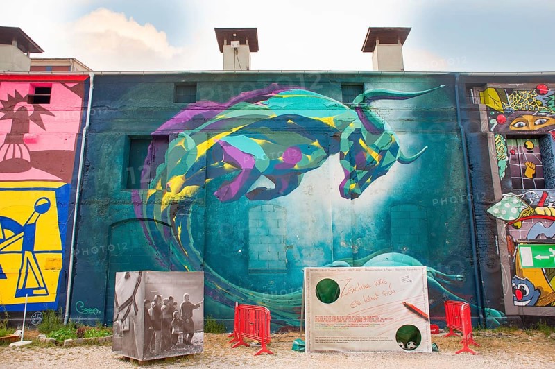Graffiti on house wall, flying bull, former cattle yard, Munich, Bavaria