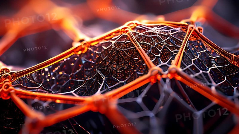 Network of interconnected shapes inspired by the structure of spider silk representing strength and flexibility in material science, AI generated