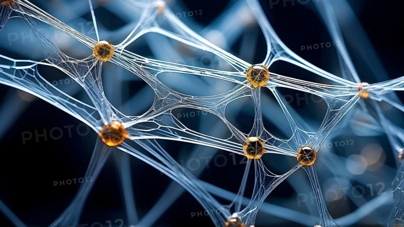 Network of interconnected shapes inspired by the structure of spider silk representing strength and flexibility in material science, AI generated
