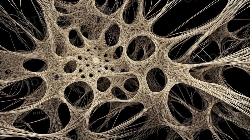 Network of interconnected shapes inspired by the structure of spider silk representing strength and flexibility in material science, AI generated