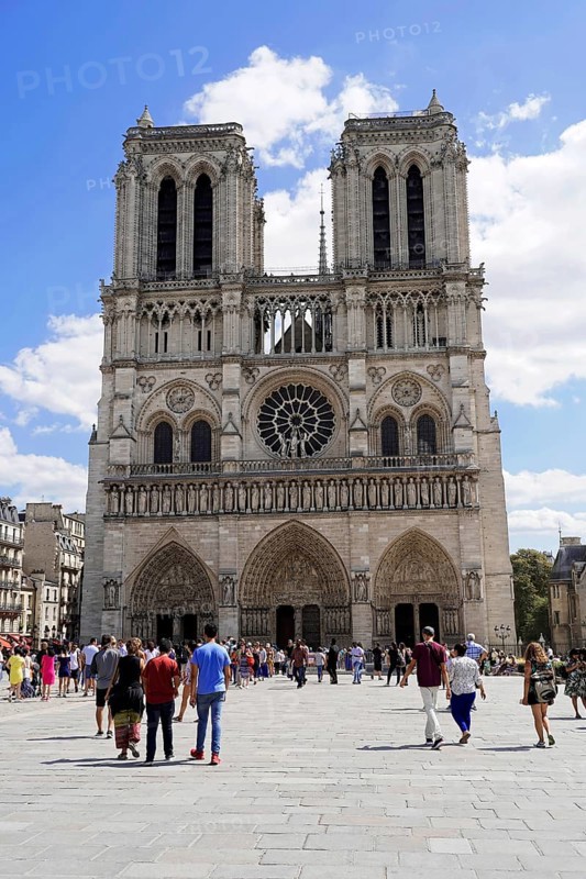 Cathedral Notre Dame de Paris, west facade, Île de la Cité, Paris, France, Europe, View of the cathedral with numerous tourists on a sunny day, Europe