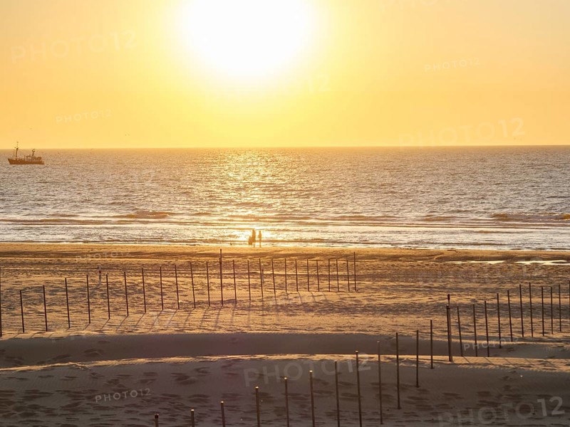 People on the beach at sunset, with a ship in the background, De Haan, Flanders, Belgium, Europe