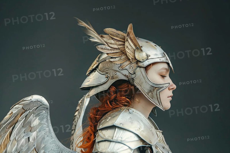 Woman wearing a viking or Norse mythology Valkyrie helmet. Generative AI, AI generated