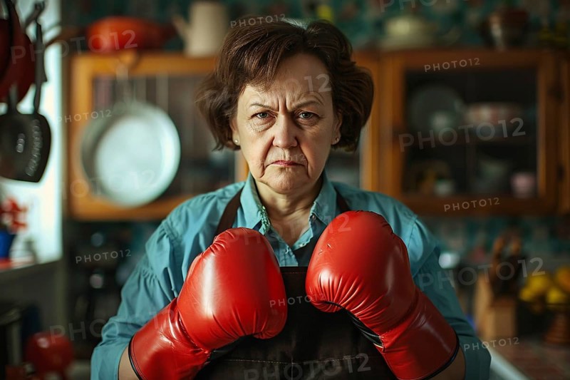 Middle-aged housewife woman in kitchen with apron, red boxing gloves and angry facial expression, Generative AI, AI generated