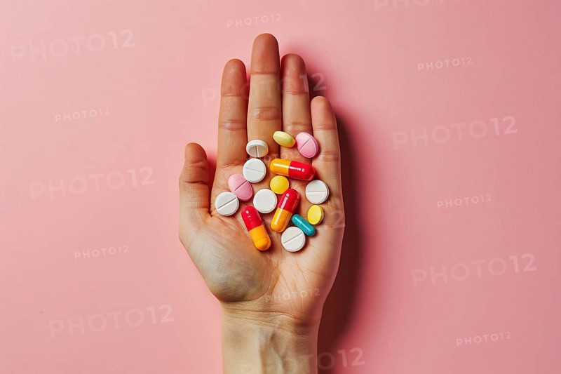 Hand holding many different colorful medical pills and capsules. Generative ai, AI generated