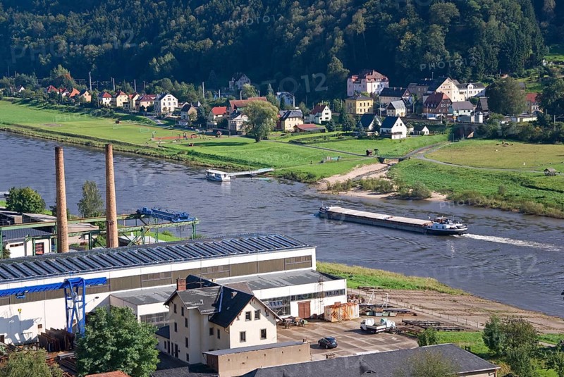 Freght ship on elbe river in saxony, germany
